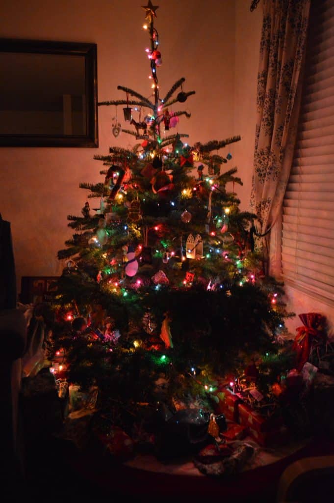 Decorated Christmas tree lit up. Family Christmas bucket list.