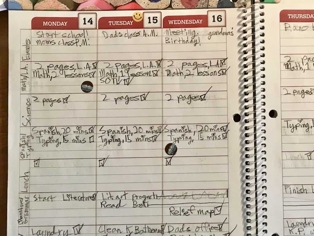 Our child's writing fills in a weekly grid of an Academic Planner. An Academic Planner can be one of the best ADHD planners if it is paired with consistent life coaching, journalling, and other life skills.