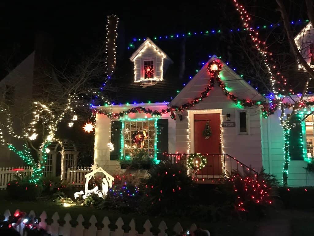 House with Christmas lights.