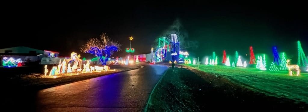 A multicolored landscape of lights spreads out from the entry road to the Christmas Light Spectacular. The Christmas Light Spectacular is one of  the 11 best places to see Christmas lights in Salem Oregon.
