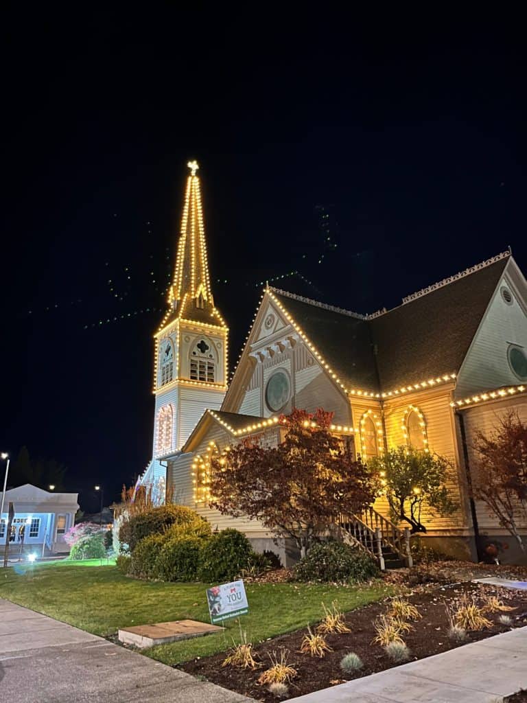 Church with Christmas lights.