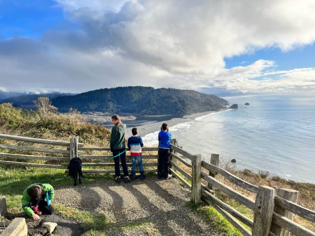Three of my children look out over the mouth of the Klamath River at the Klamath River Overlook.