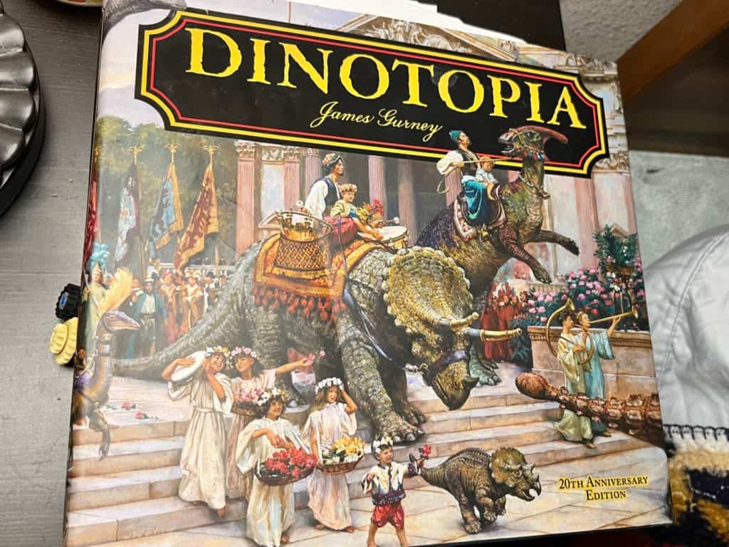 Cover of Dinotopia books by James Gurney. Dinosaur gifts for a 5 year old.