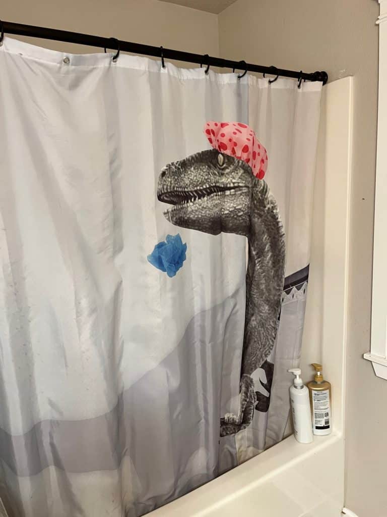 Raptor shower curtain. Dinosaur gifts for a 5 year old.