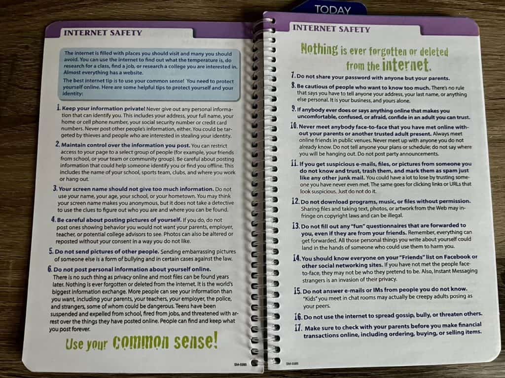 Two resource pages in an academic planner give 17 important points on internet safety. 
