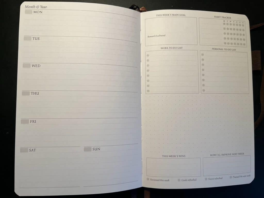 The picture show a weekly layout from the Legend Planner.