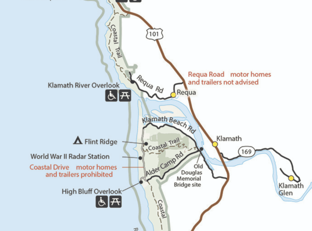 A segment of the national park map shows a number of sites around the Klamath River. The map shows both the Klamath River Overlook and the WWII Radar Station are hard to reach locations on either side of the Klamath River. Be sure to read your maps carefully if you want to know how to get to Redwood National Park.