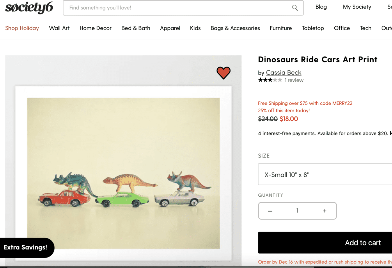 Screenshot of Dinosaurs Ride Cars Art Print at Society6. Dinosaur gifts for a 5 year old.
