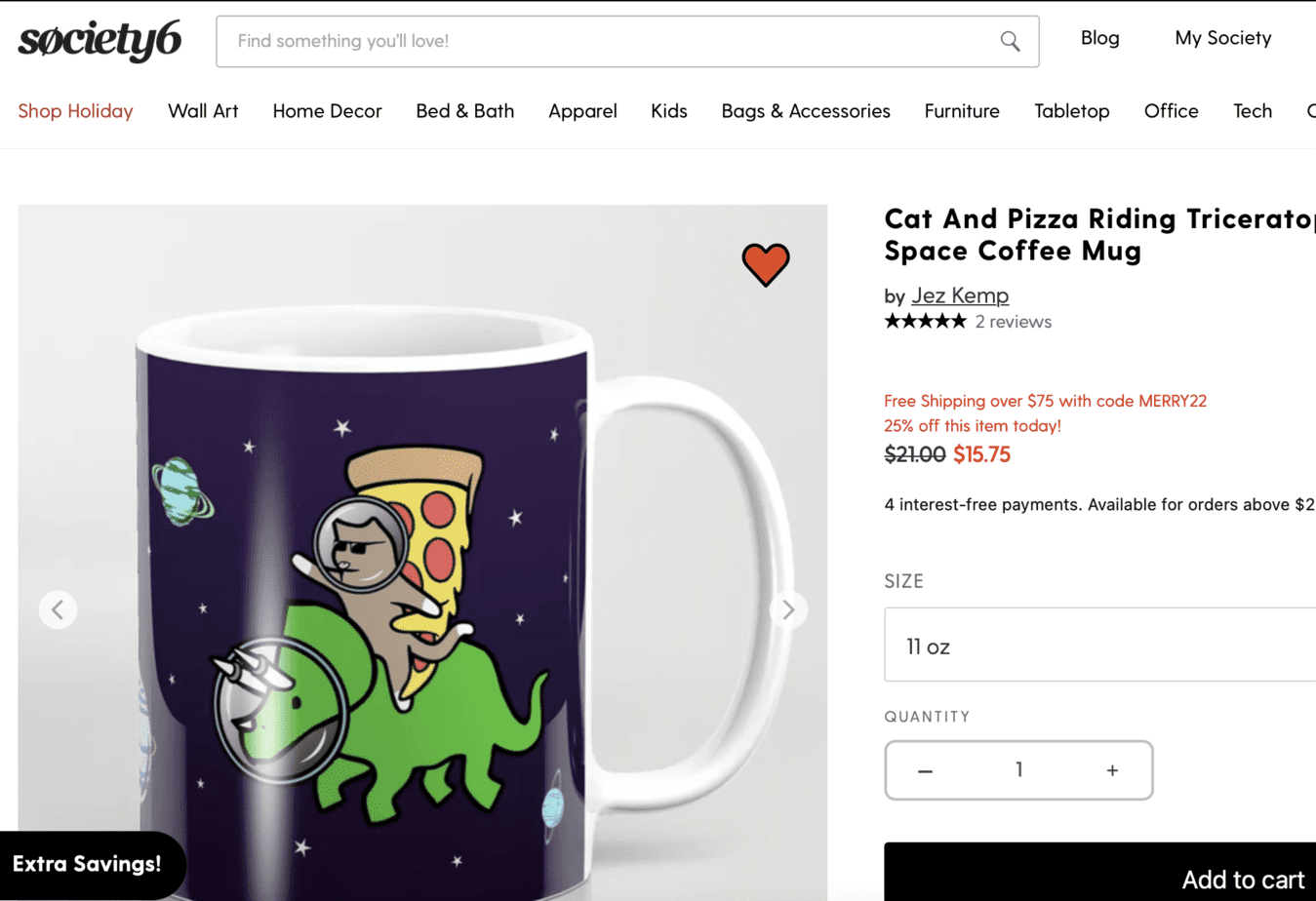 Cat And Pizza Riding Triceratops In Space Coffee Mug from Society6. dinosaur gifts for a 5 year old