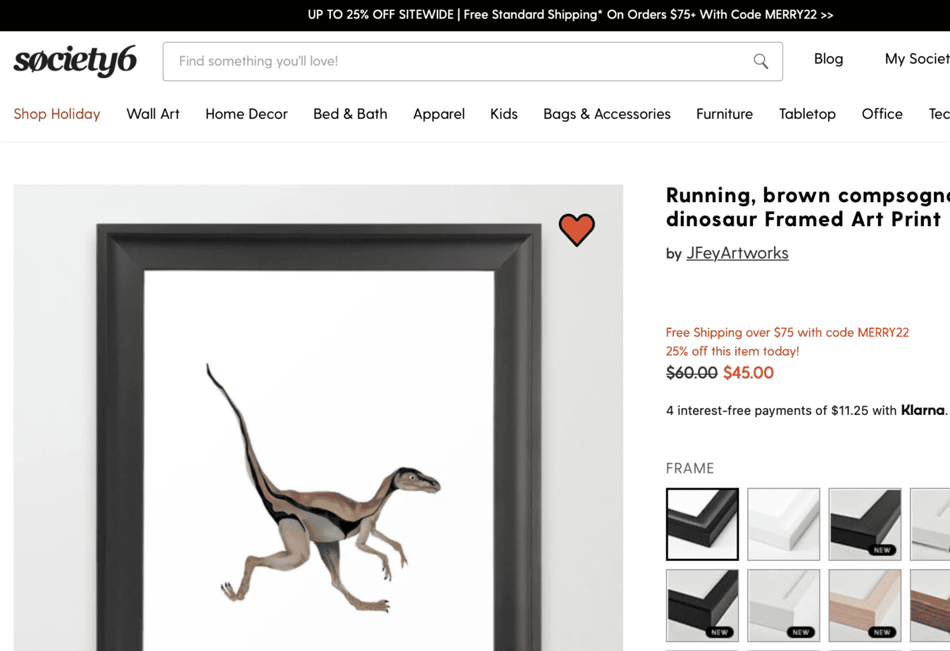 Screenshot of compsognathus dinosaur Framed Art Print from Society6. dinosaur gifts for a 5 year old