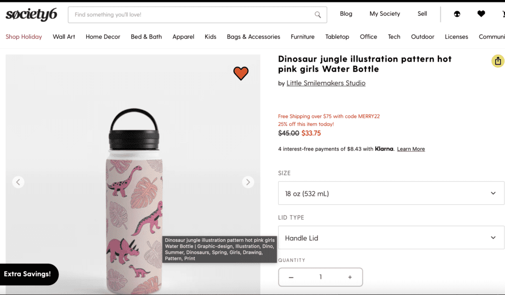 Screenshot of Dinosaur jungle illustration water bottle from Society6. Dinosaur gifts for a 5 year old.