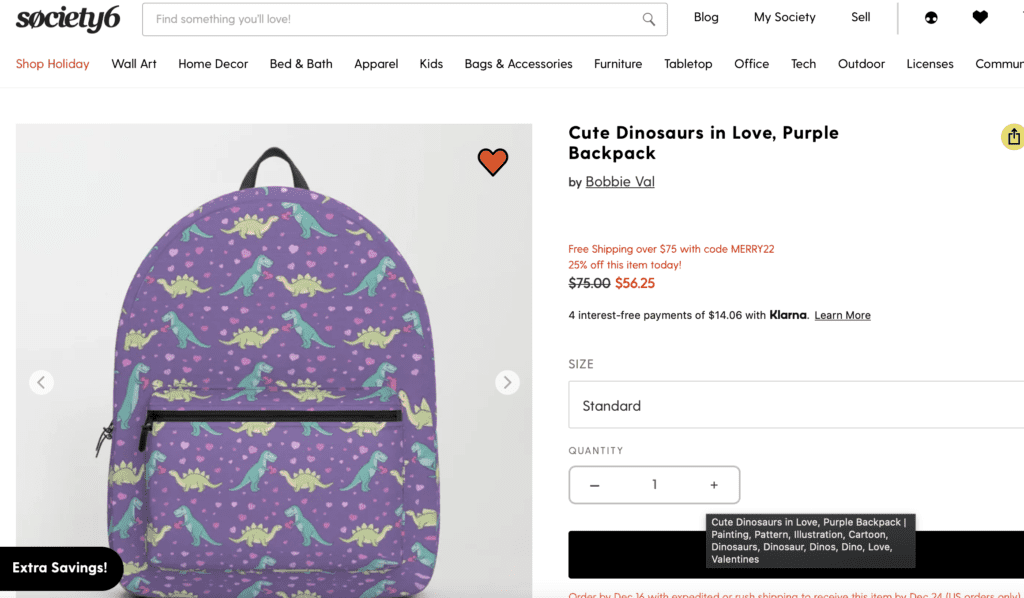 Purple dinosaurs in love backpack from Society6. Dinosaur gifts for a 5 year old.