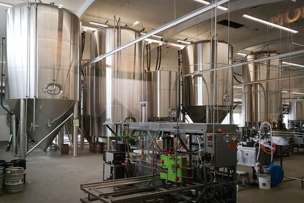 Fermentation tanks stand at Hop Valley Brewing, the most IPA focused of the Eugene Oregon breweries.