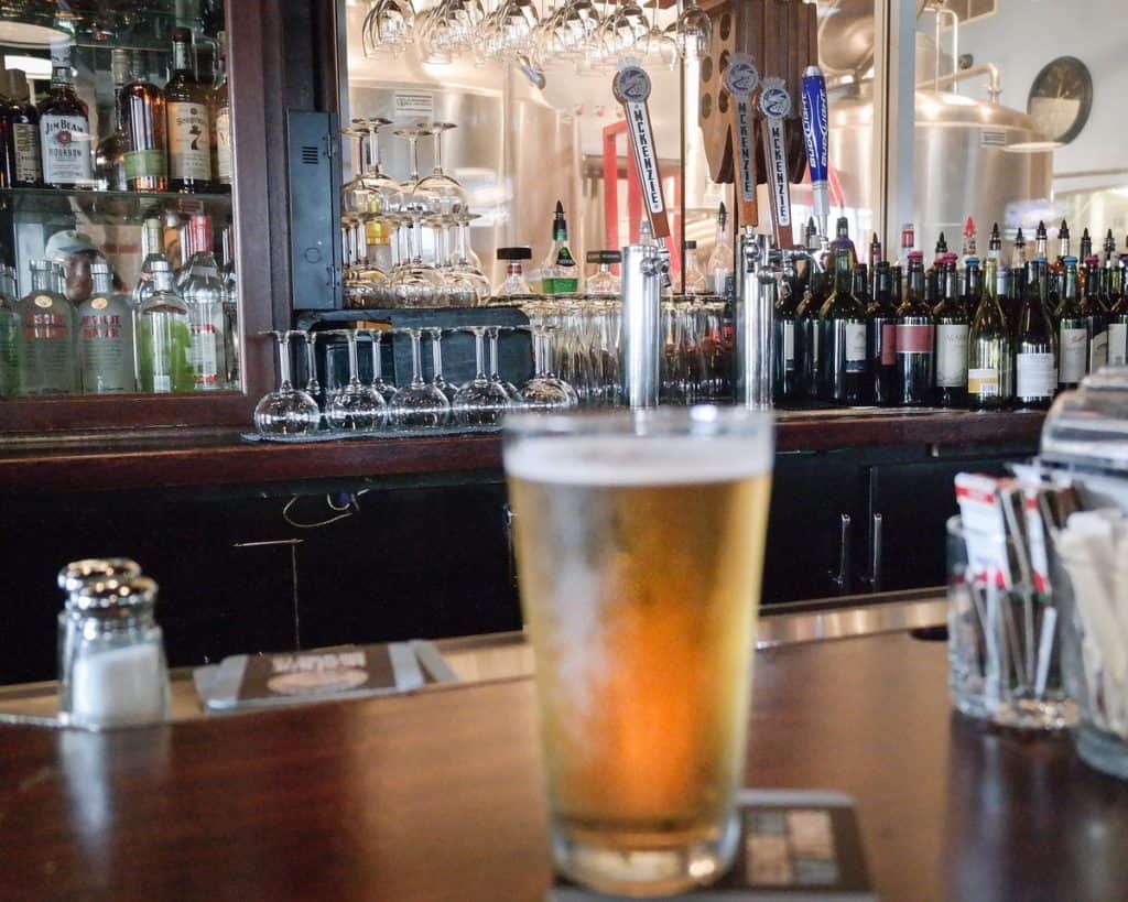 A Blonde Ale sits on a bar at Steelhead Brewery. Steelhead is one of several Eugene Oregon breweries.