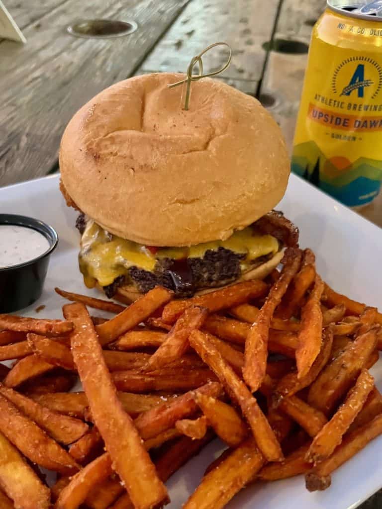 Smokehouse burger with sweet potato fries. Ratchet Brewery Review.