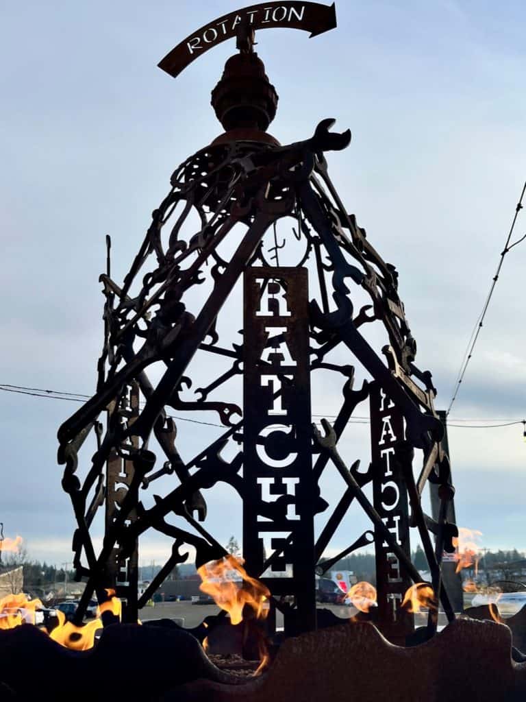 Metal sculpture and fire pit. Ratchet Brewery review.