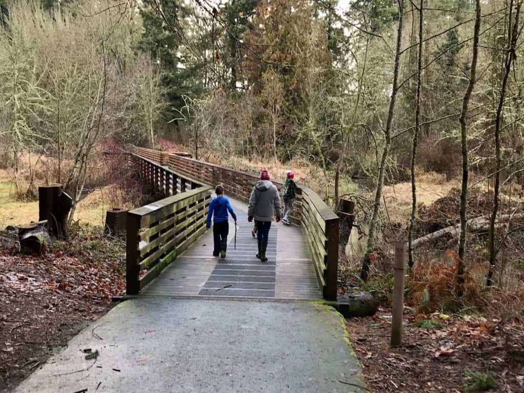 Kids crossing a bridge on a rainy day in a natural area. Winter activities for teens.