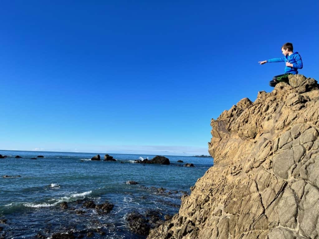 My son sits at the top of a rock and points at wildlife on a cloudless, sunny day at Brookings Oregon.