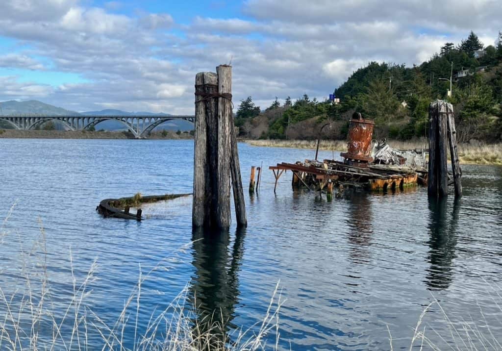 The shipwreck of the Mary D. Hume sits in the waters of the Rogue River at Gold Beach, Oregon.