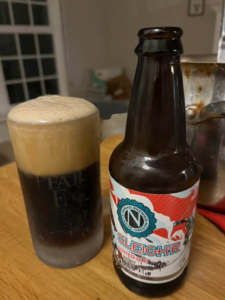 A beautiful glass of Sleigh'r ale awaits me on a family chili night. Ninkasi is one of the most excellent of Eugene Oregon breweries.