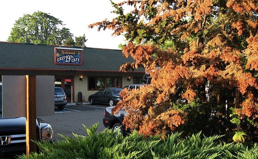 Parks sit in a parking lot beside McMenamins East 19th Cafe.