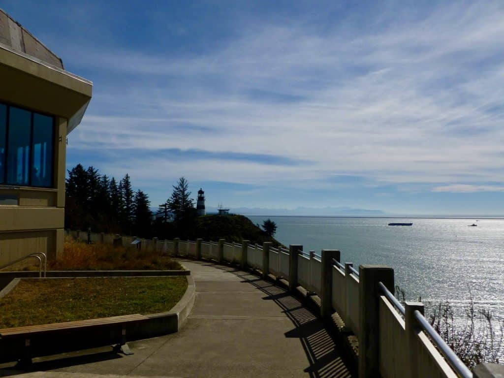 The viewing deck of the Lewis & Clark Interpretive Center looks over the wide expanse created by the Columbia River and its meeting with the Pacific Ocean.