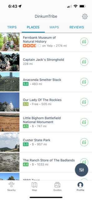 Screenshot of Favorites in the Roadtrippers App