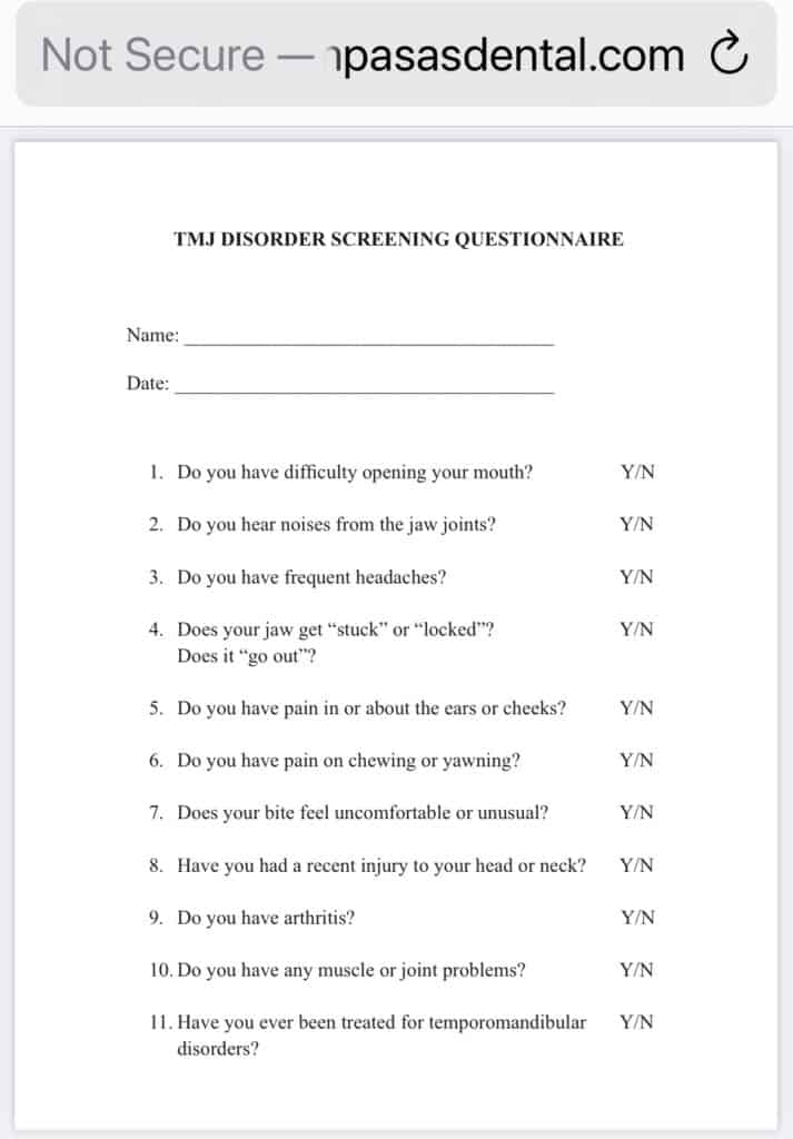 Example of a TMJ screening questionnaire. Can anxiety cause TMJ?