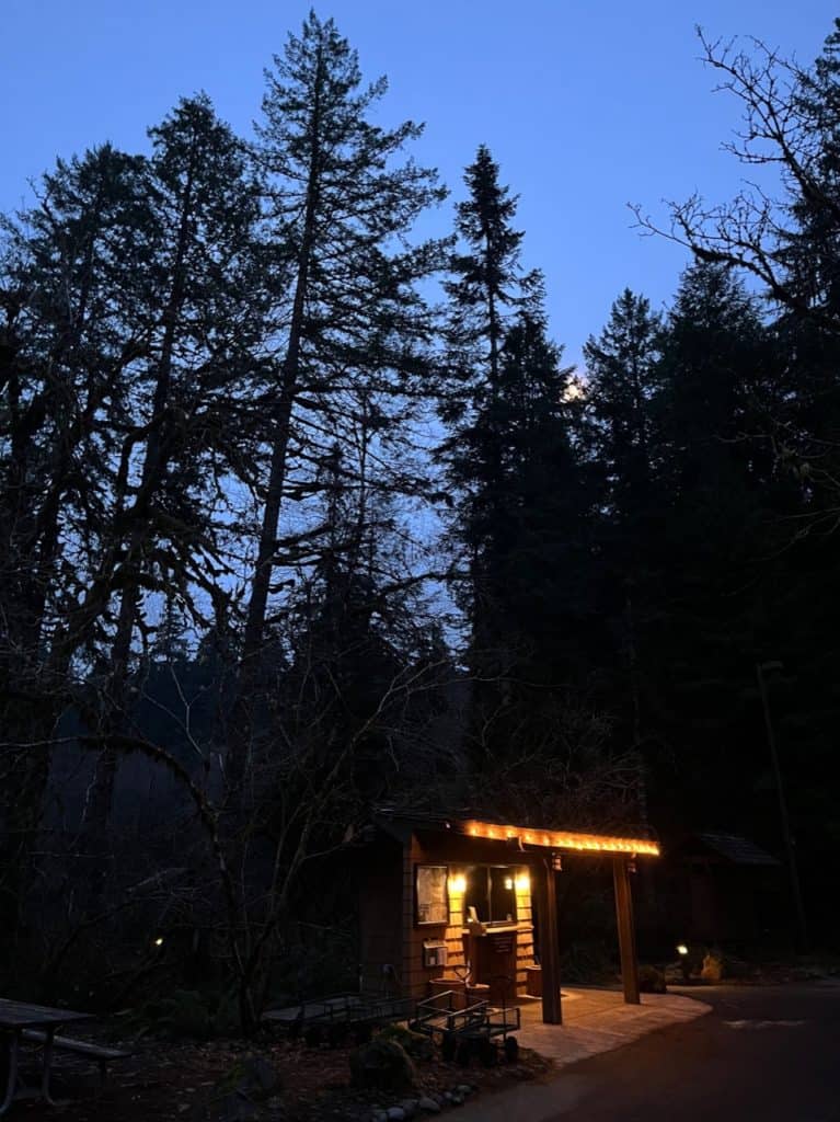 The moon hides amid the tree tops as evening comes to Smith Creek Village.