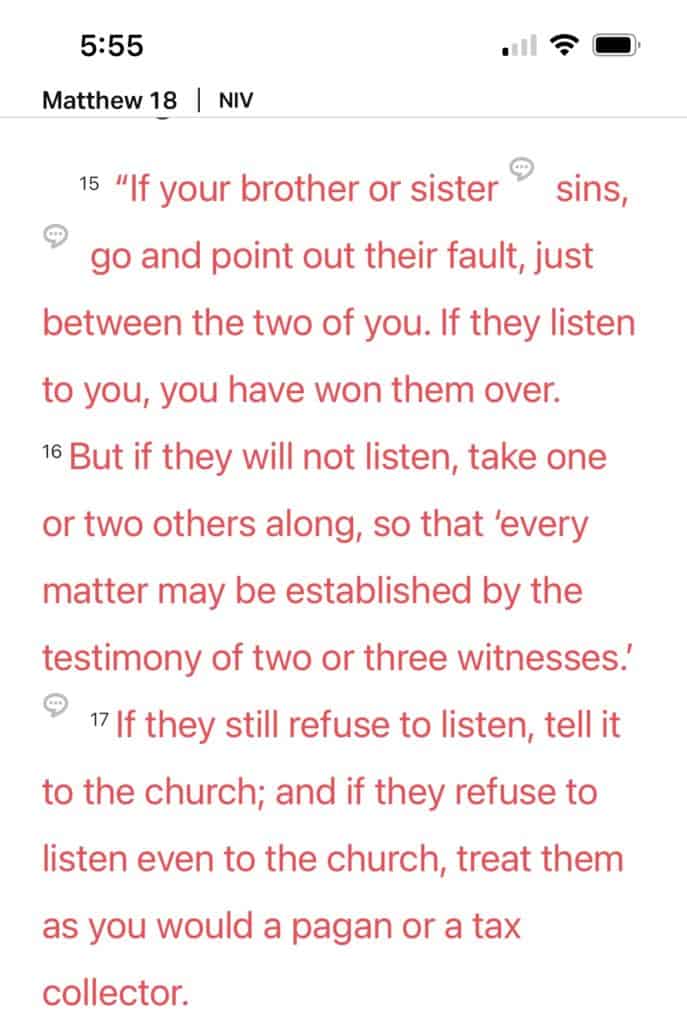 Screenshot of Matthew 18 from the YouVersion. No contact with toxic family.