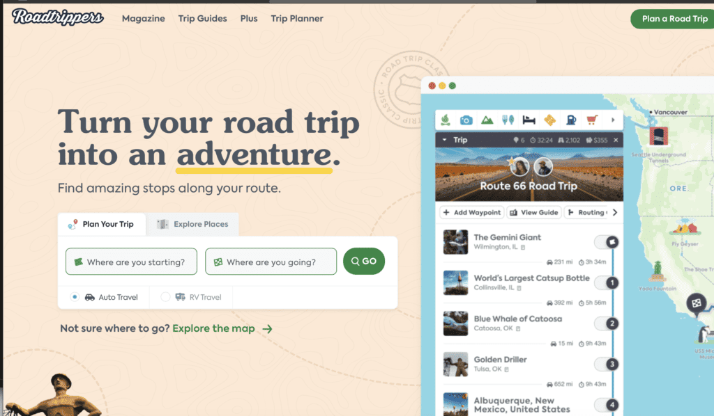 Homepage for Roadtrippers