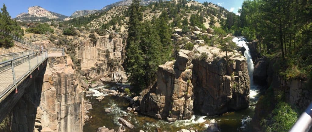 Shells Falls tumbles along at the Shell Falls Interpretive Center in the Bighorn Mountains. The Bighorn Mountains are one the best things to see along the I-90 in Wyoming.