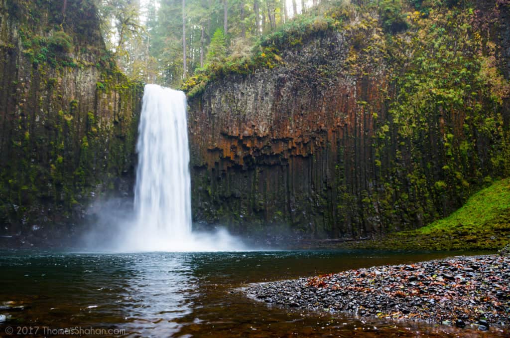 Water pours down majestic Abiqua Falls near Silver Falls State Park.