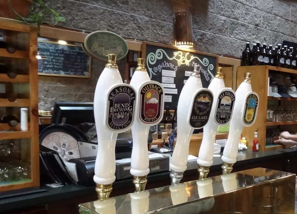 Image shows draft handles from the bar at Bend Brewing.
