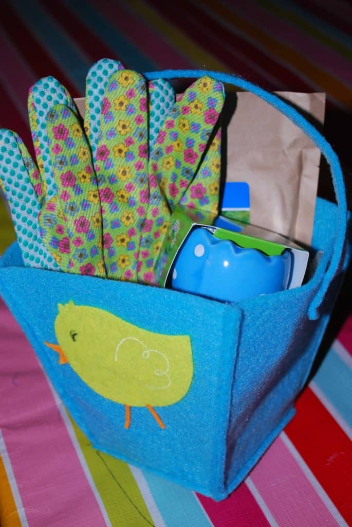 Felt Easter basket with chick and garden gloves. non candy ideas for easter baskets