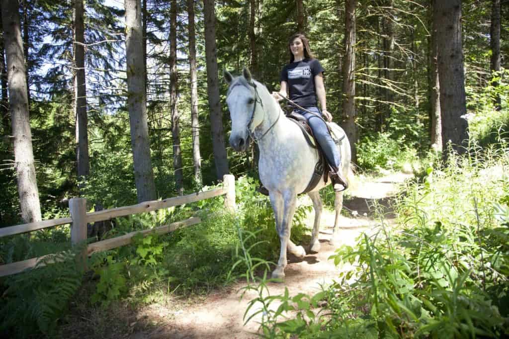 A young woman rides on a beautiful horses at an Oregon state park. Horseback riding one of the best things to do at Silver Falls State Park.