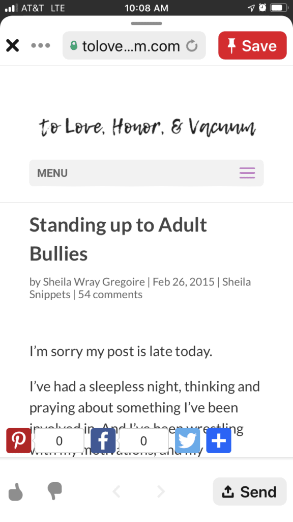 Screenshot of a blog post: "Standing up to adult bullies" by Sheila Wray Gregoire. No contact with toxic family.