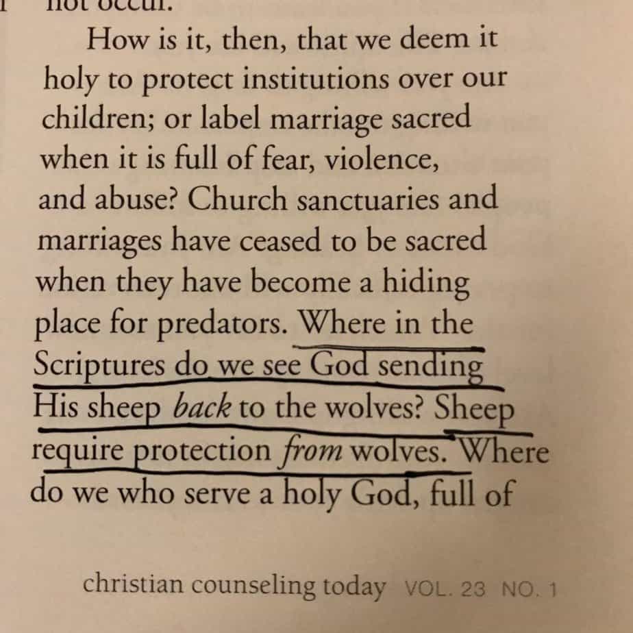 Quote from Christian Counseling Today about how the church often handles abuse issues by insisting on reconciliation at the expense of the victims and with no accountability for abusers. Protecting kids from toxic family.