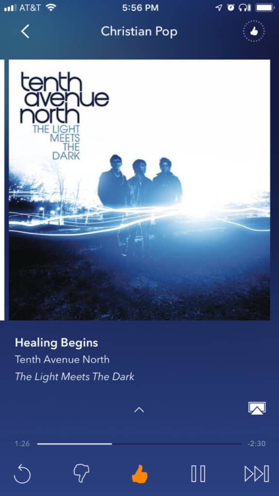 Screenshot of Pandora radio song, "Healing Begins" by Tenth Avenue North. Adult bullies in the family.