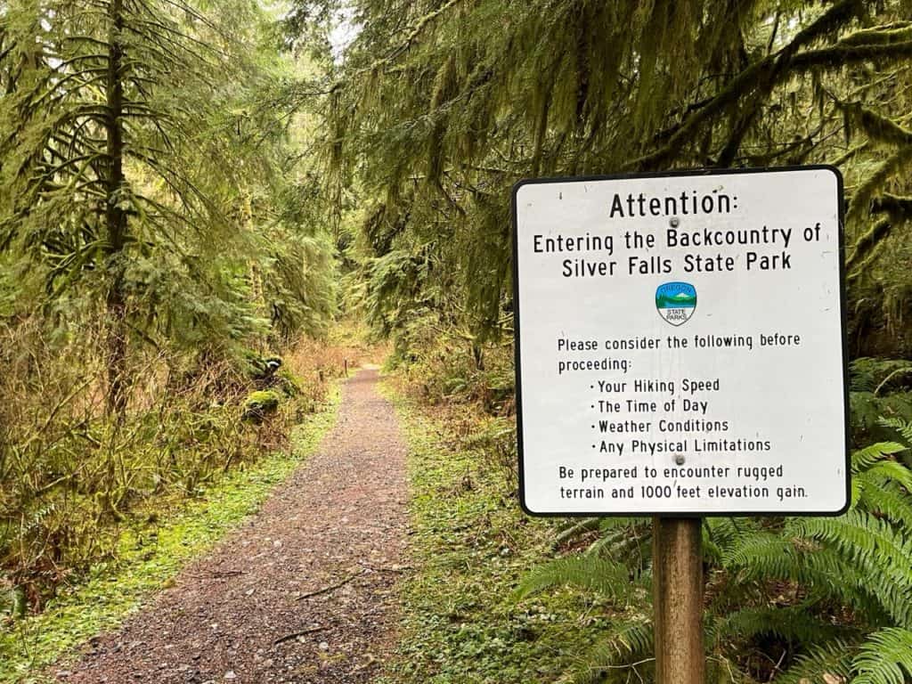 A posted sign alerts hikers that they are entering the backcountry of Silver Falls State Park. 