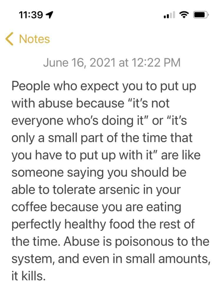 Screenshot of phone notes about abuse. Adult bullies expect you to put up with abuse.