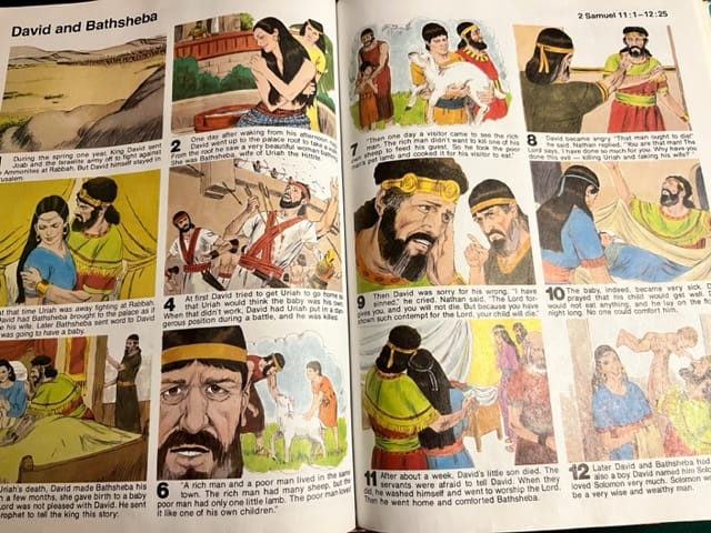 Images from the Read-n-Grow Bible comic illustrations of the story of David and Bathsheba.