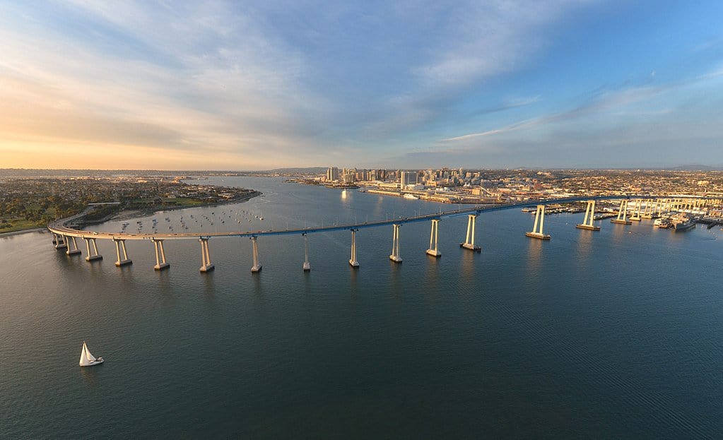 An aerial photo shows the magnificent San Diego-Coronado Bridge, which connects San Diego to Coronado Island.