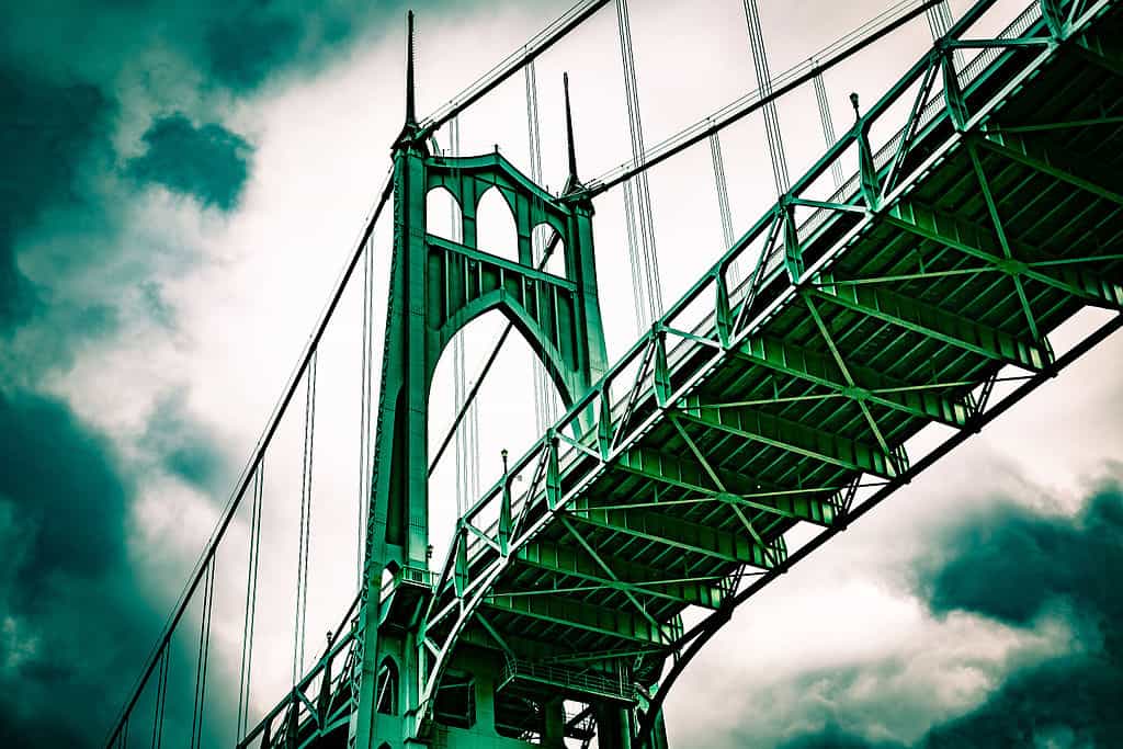 The iconic St. John's Bridge seems to rise to the heavens. The St. John's Bridge is one of the highest bridges in the US.
