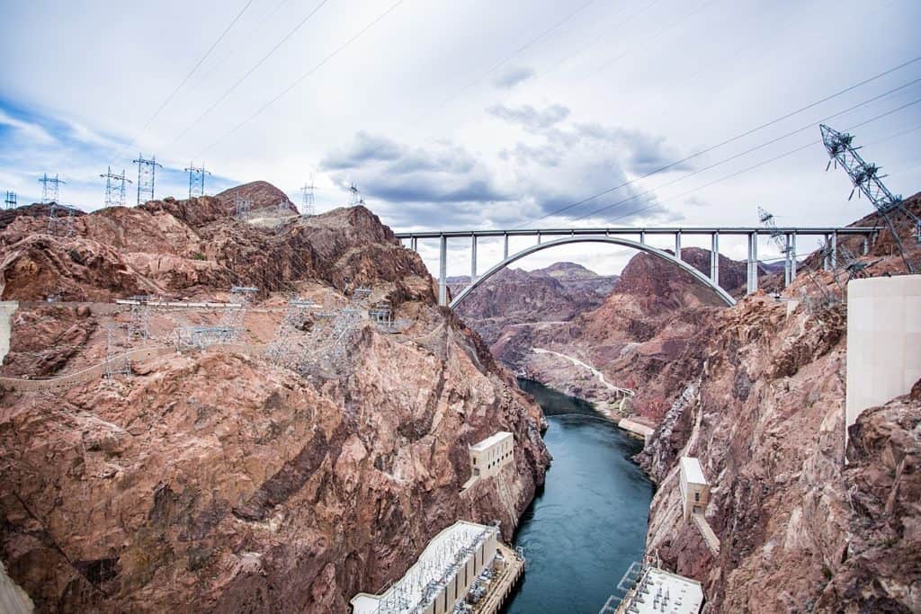 The Mike O'Callaghan-Pat Tillman Memorial Bridge stands high above the Colorado River. This bridge is #2 of the highest bridges in the US.