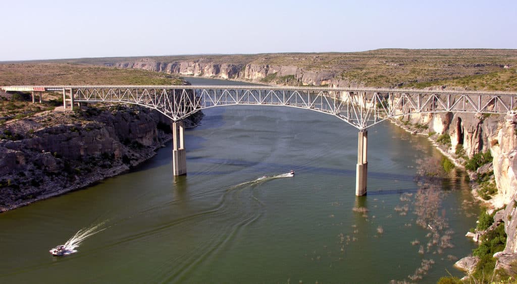 The Pecos River Highway Bridge stands above the waters of Amistad National Recreation Area. 