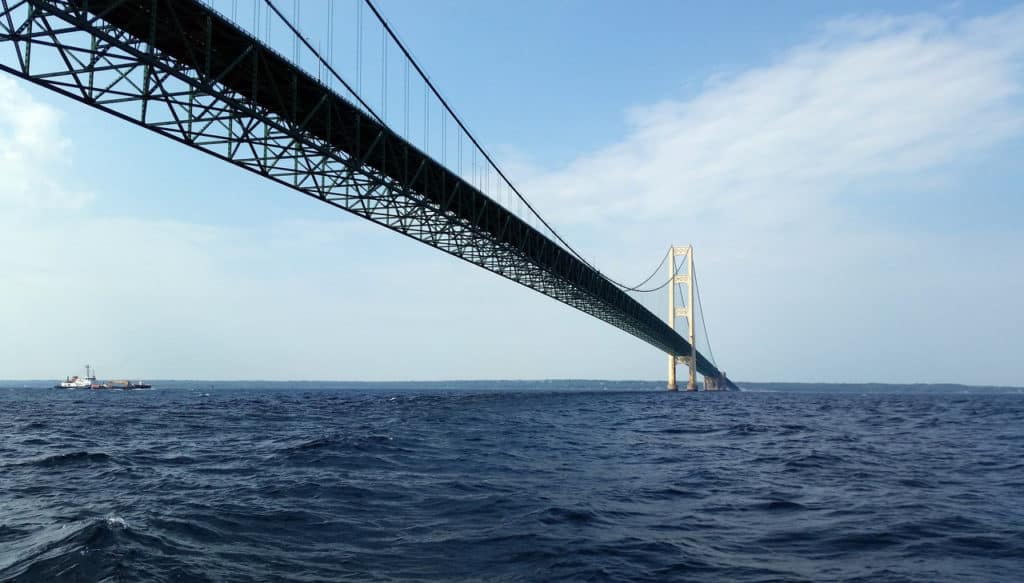 The Mackinac Bridge appears to go on forever in this lake-level picture. The Mackinac Bridge is one of the highest bridges in the US.