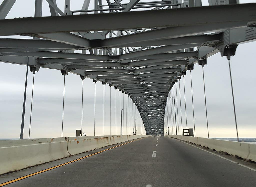 Steel bridgwork flies above the driving lanes on the Francis Scott Key Bridge.