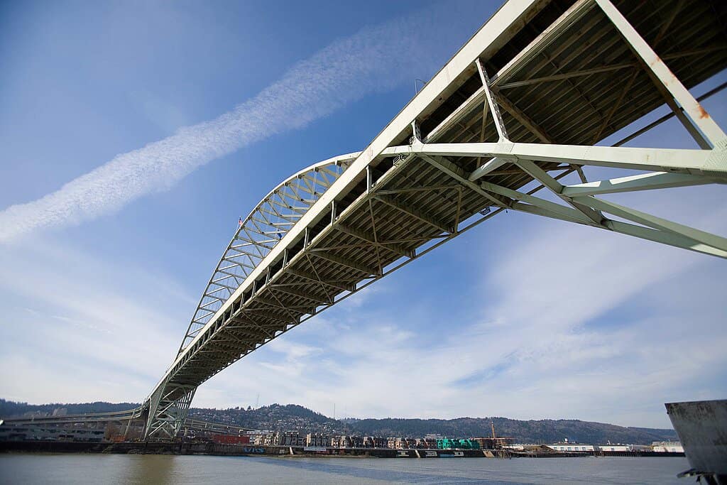 The Fremont Bridge stands high above the Willamette River.