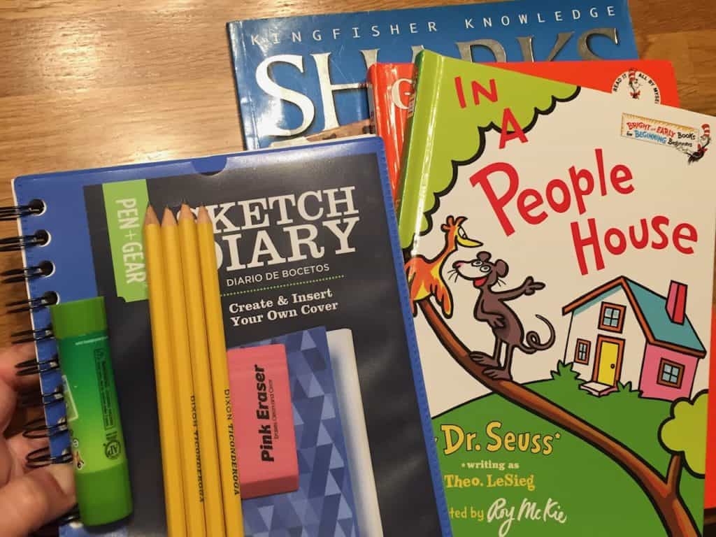 Homeschool supplies for a kindergarten child: pencils, eraser, glue stick, sketchbook, Dr. Seuss books. How to start homeschooling today